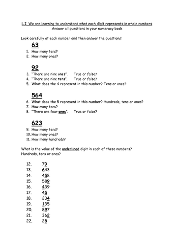 Year 1 - Place Value activity