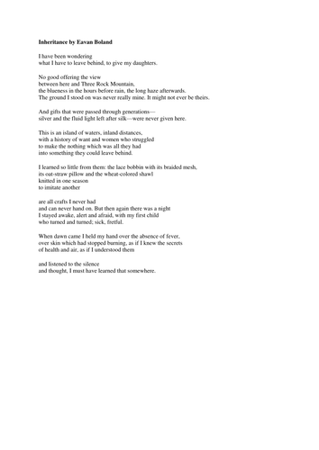 Poem Analysis - 'Inheritance' by Eavan Boland | Teaching Resources