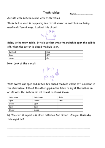 And and OR circuit truth table worksheet | Teaching Resources