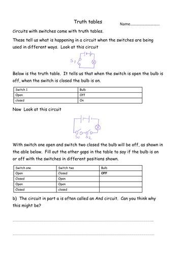 And and OR circuit truth table worksheet