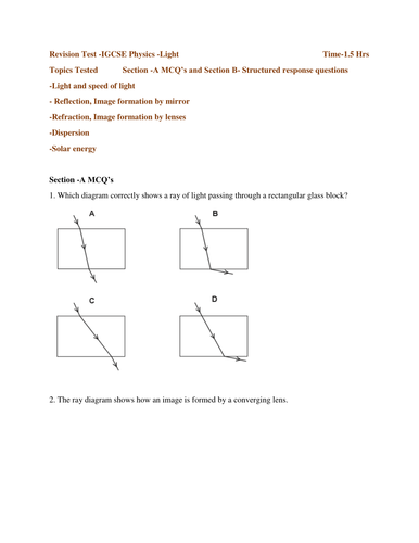 Revision Test -IGCSE Physics -Light