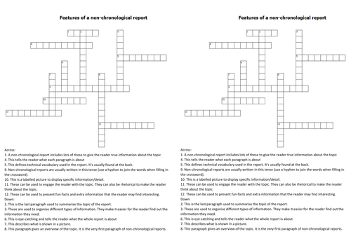 Features of a Non chronological Report CROSSWORD Teaching Resources