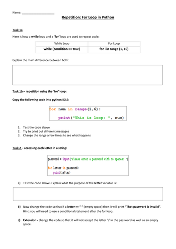Python - For Loop Task Sheet | Teaching Resources