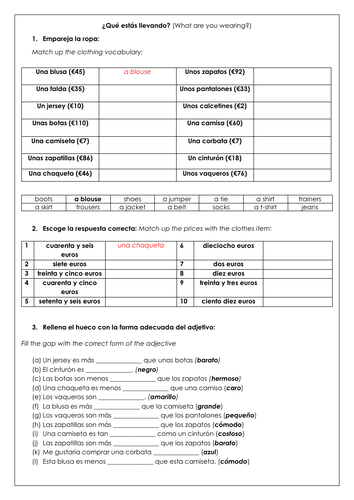 Spanish KS3 La Ropa: Clothes & School uniform vocabulary, reading & translation
