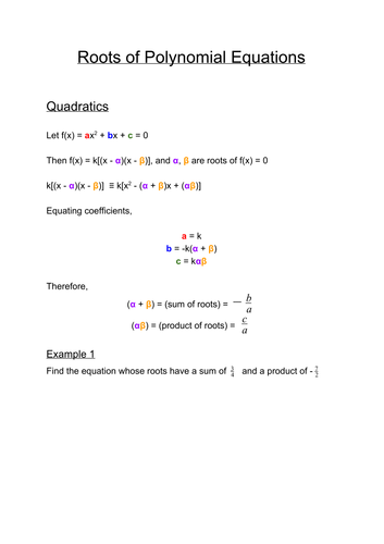 Roots of Polynomial Equations (Quadratics) | Teaching Resources