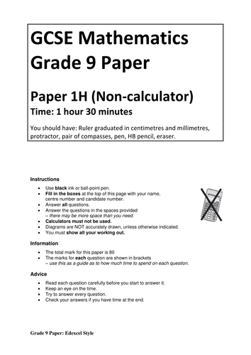 Edexcel Style GRADE 9 Maths 1MA1 Exam Non Calculator Paper Teaching 