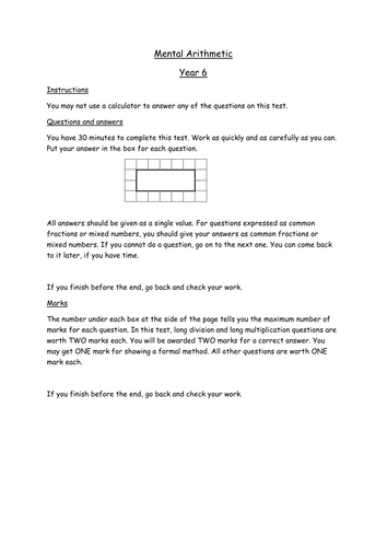 Year 6 SATs Mental Arithmetic Paper Autumn 1