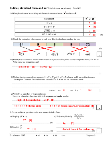 Index form, Standard Form and Surds homework or revision resource