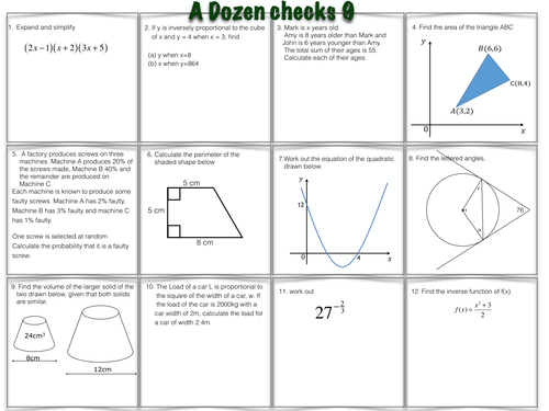 A Dozen GCSE Maths Questions worksheets 9 & 10
