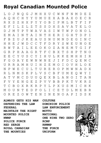 Royal Canadian Mounted Police Word Search Teaching Resources