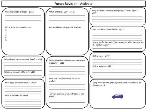 KS3 Forces Revision sheet for Activate Science