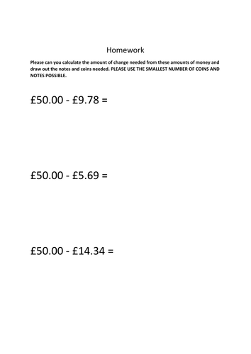 Money homework- Giving the correct change and creating the correct ...