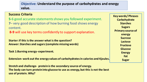 Carbohydrate and energy experiment lesson. Food Preparation and Nutrition GCSE
