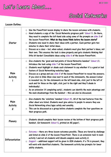 Social Networks - Good & Bad Features - E-Safety PSHE or Computing lesson (FULL lesson) KS3 mainly