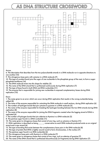 A Level Biology: Crossword Pack on DNA, RNA and Protein Synthesis