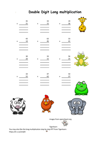 four simple format long multiplication worksheets with