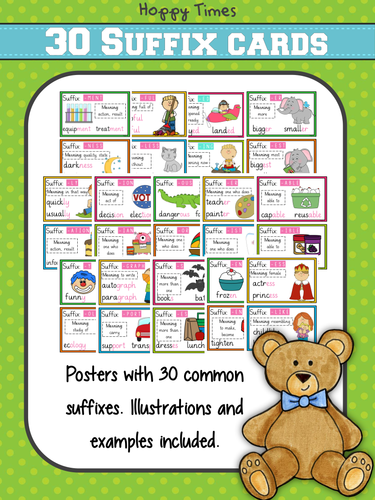 30 Common Suffixes Poster Cards (English, Spellings, SPaG) | Teaching ...