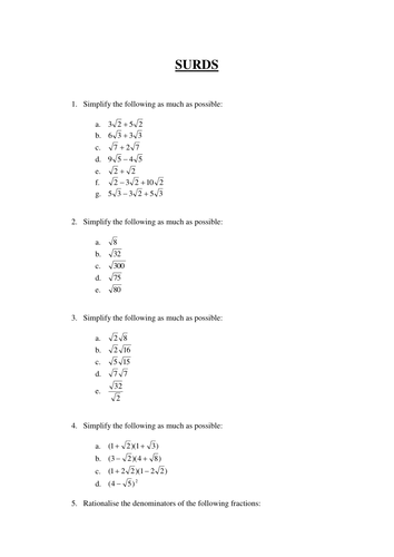 Surds revision worksheet for GCSE Maths