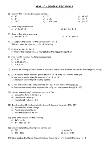 Algebra revision sheet 2 for GCSE maths