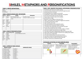 personification simile metaphor worksheets lesson similes metaphors resources tes teaching