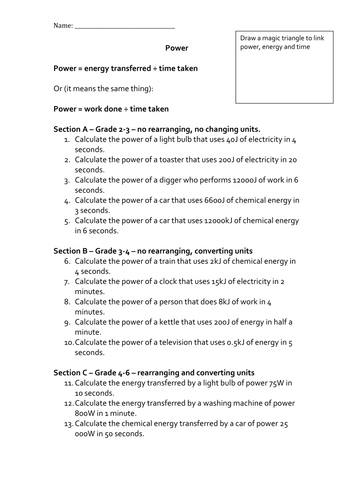 AQA 1-9: Power, Energy Transferred, Work Done Calculations | Teaching