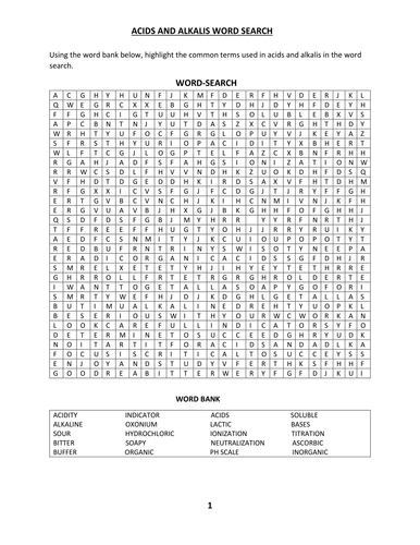 ACIDS AND ALKALIS WORD SEARCH WITH ANSWERS