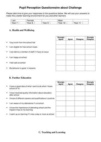 Pupil Perception Questionnaire/Survey about Challenge