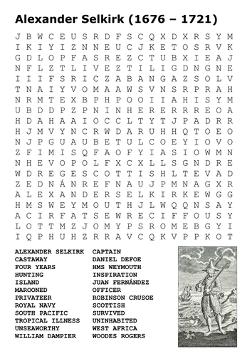 Alexander Selkirk - the Real Robinson Crusoe Word Search | Teaching ...