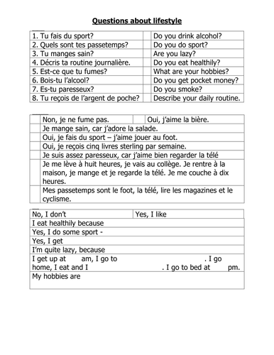 Differentiated French worksheets to answer questions about lifestyle ...