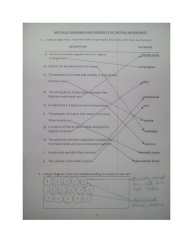 METALLIC BONDING WORKSHEET WITH ANSWERS Teaching Resources