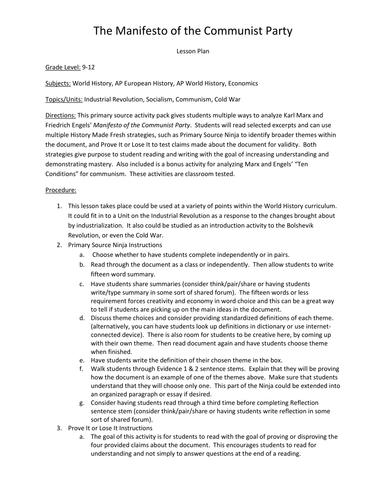 Marx - Communist Manifesto Primary Source Activity Pack | Teaching
