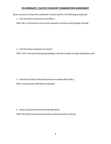 COORDINATE BONDING WORKSHEET WITH ANSWERS