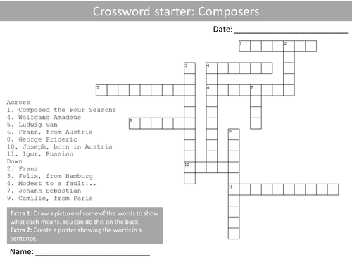 10 Crosswords Music Education Keyword Starters Crossword Homework or