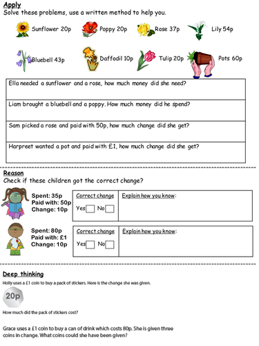 Mastery using adding and subtracting money Year 2