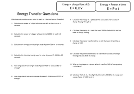 Energy Transfers worksheet and mark scheme - Physics AQA 2016