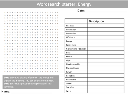 Science Physics Energy Wordsearch Crossword Anagrams Keyword Starters ...