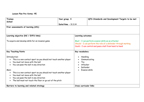 Invasion games - end ball lesson plan