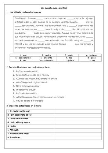 Spanish hobbies free time present tense reading comprehension / el tiempo libre