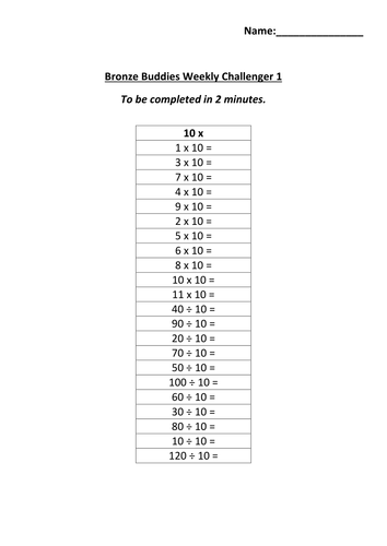 10 x tables worksheets