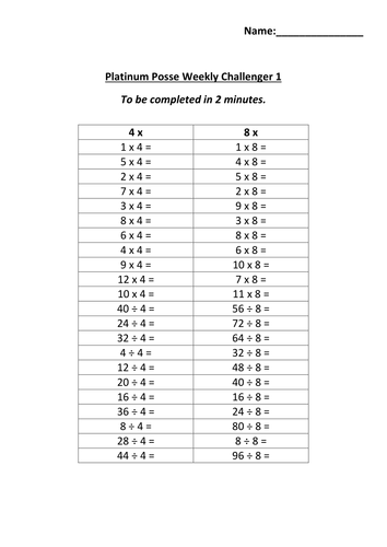 4x 8x tables worksheets