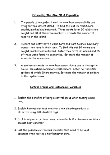 Questions on estimating population size; control groups and extraneous variables