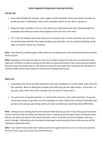 Suggested Independent learning self directed study activities/ personalised homework strategy