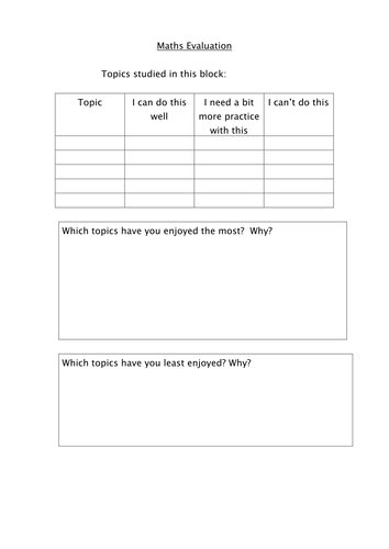 Self evaluation for pupils to evaluate their maths skills and engagement