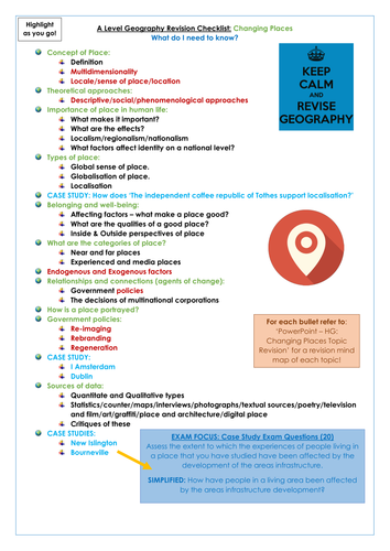 AQA A Level Changing Places Revision Checklist