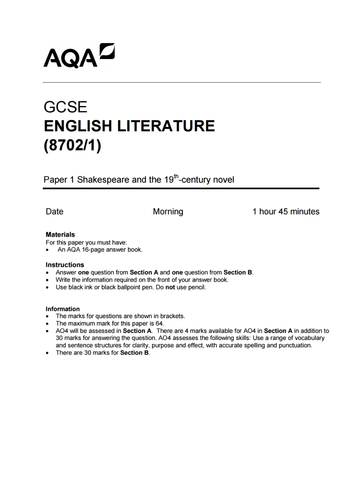 AQA English Literature mock paper for Macbeth, Jekyll and Hyde and A ...