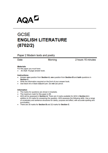 AQA Style Paper 2 English Literature Modern Texts and Poetry | Teaching ...