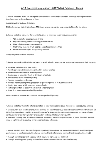 GCSE PE AQA Spec. Exam style questions on pre-release: James and mark scheme