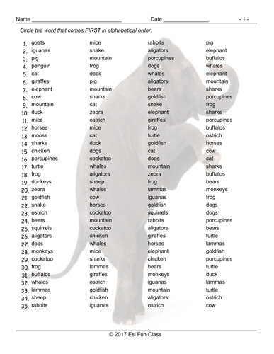 Animals Alphabetical Order Worksheet Teaching Resources