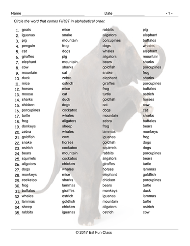Animals Alphabetical Order Worksheet | Teaching Resources