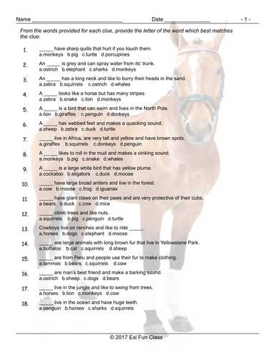 Animals Multiple Choice Worksheet | Teaching Resources